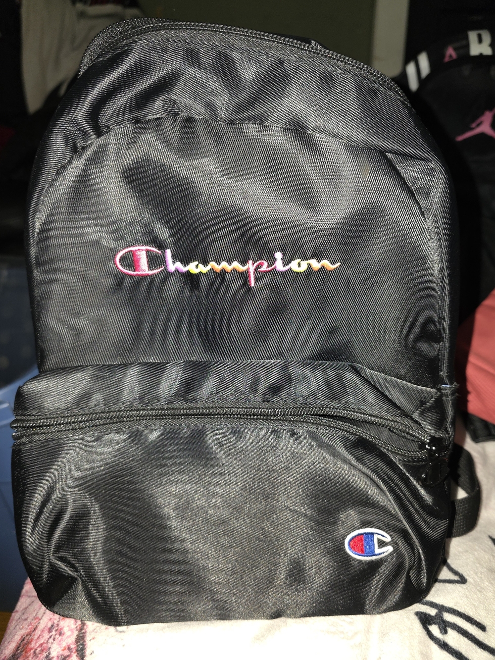 Champion Black Mini Backpack with Multicolor Script Logo